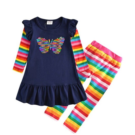 Sequins Butterfly Cotton Jumper Dress and Rainbow Striped Pants Girl Clothing Sets