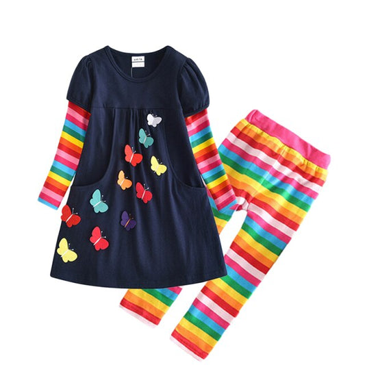 3D Butterfly Top Dress and Rainbow Skinny Leggings Pants Sets for Girl Toddler 3-8T
