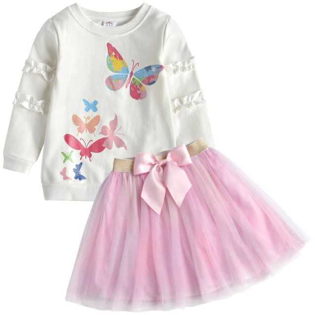 Butterfly Print Sweatshirt and Pink Bowknot Tutu Skirt Girl Toddler Clothing Sets