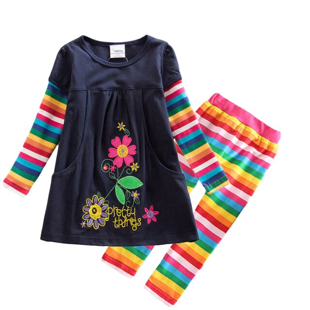 Floral Cotton Jumper Dress and Rainbow Stripe Leggings Pants Girl Toddler Clothing Set