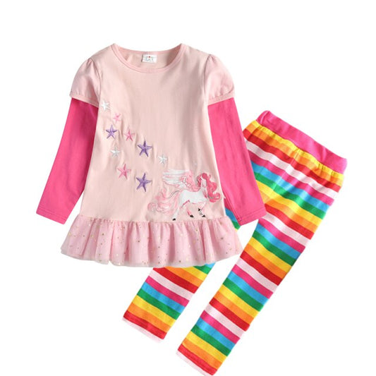 Unicorn Pink Sweatshirt Top and Rainbow Leggings Pant Girl Toddler Clothing Set