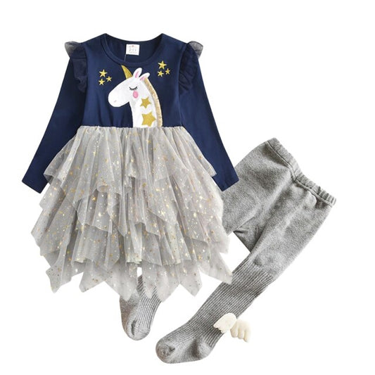 Unicron Tiered Tutu Dress and Knitted Stocking Girl Toddler Clothing Set