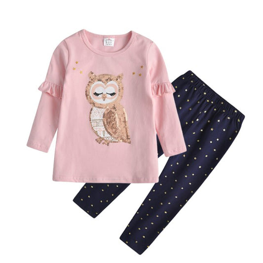 Sequins Owl Sweatshirt Top and Little Star Leggings Pant Clothing Set for Girl Toddler