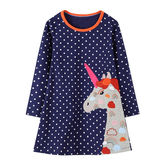 VIKITA Unicorn Dots Long Sleeve Girl Kids Cotton A-Line Dress