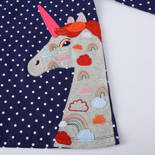 VIKITA Unicorn Dots Long Sleeve Girl Kids Cotton A-Line Dress