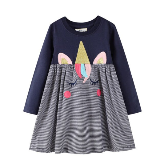 VIKITA Cute Unicorn Cotton A Line Long Sleeve Dress for Girl Toddler
