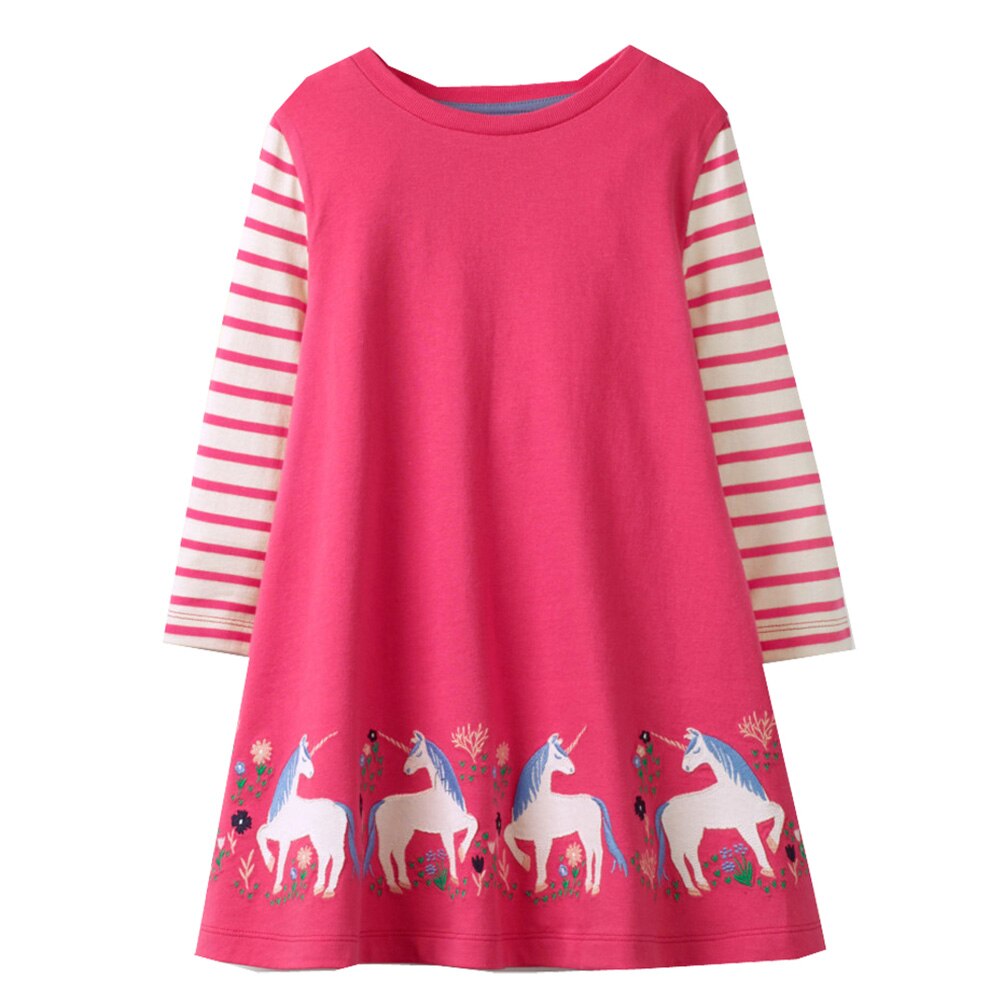 VIKITA Little Unicorn Embroidery A Line Long Sleeve Stripe Cotton Dresses for Girl Toddler