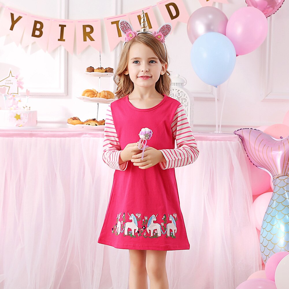 VIKITA Little Unicorn Embroidery A Line Long Sleeve Stripe Cotton Dresses for Girl Toddler