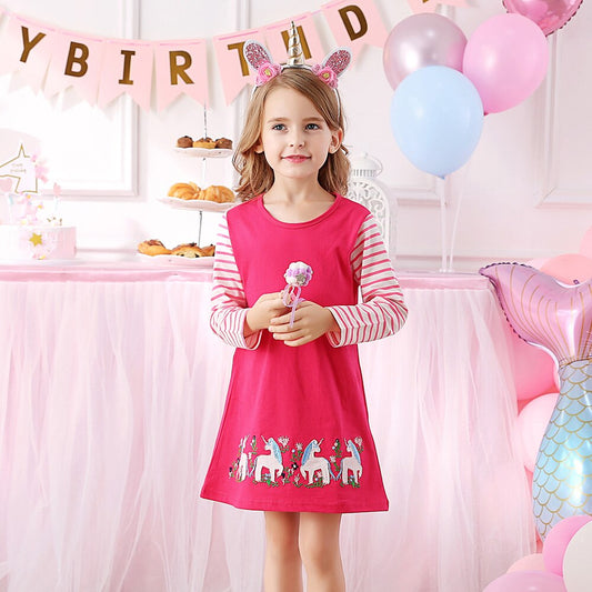 VIKITA Little Unicorn Embroidery A Line Long Sleeve Stripe Cotton Dresses for Girl Toddler