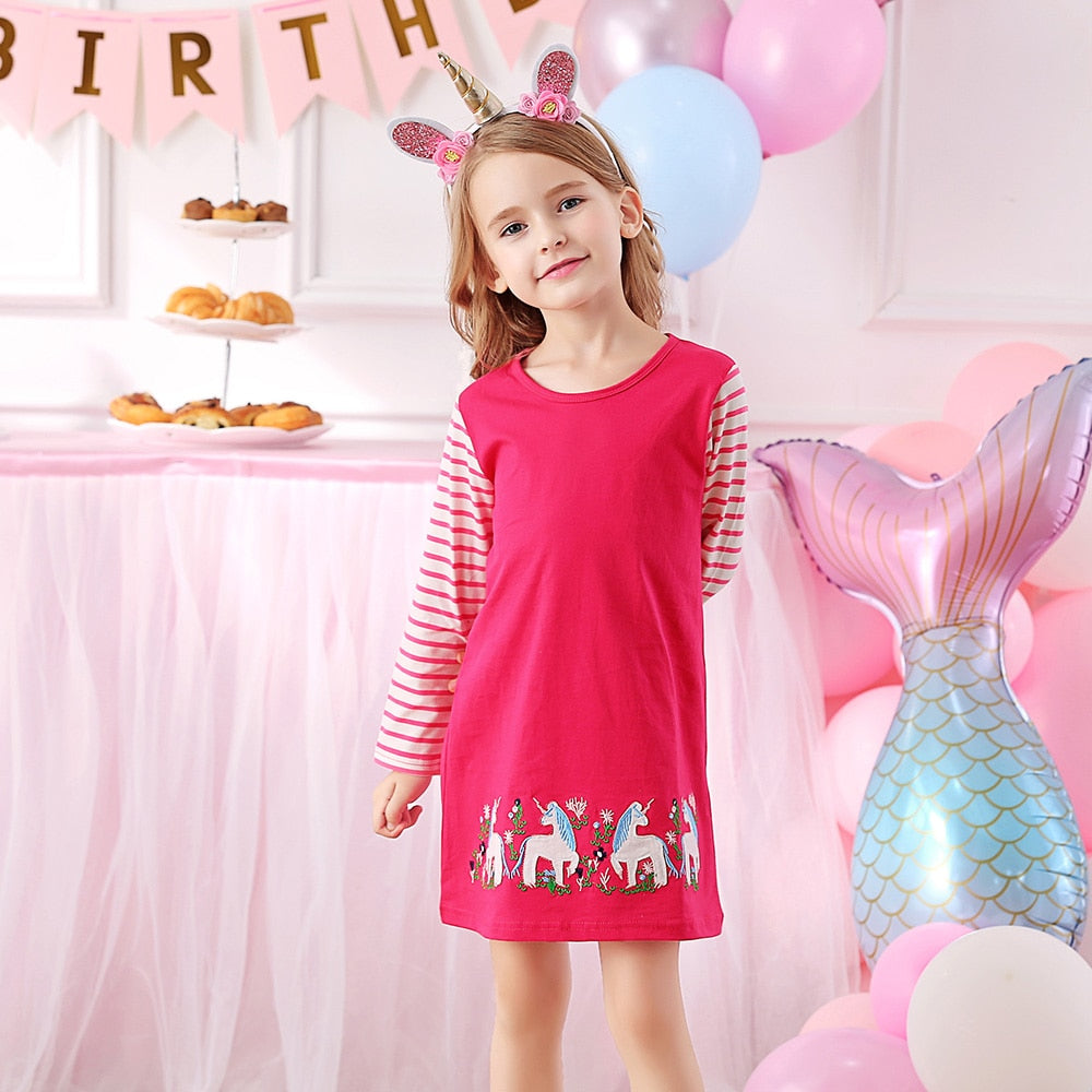 VIKITA Little Unicorn Embroidery A Line Long Sleeve Stripe Cotton Dresses for Girl Toddler
