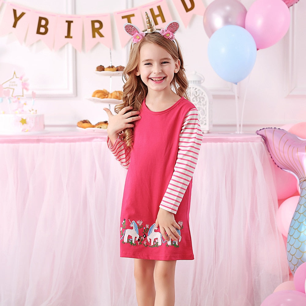 VIKITA Little Unicorn Embroidery A Line Long Sleeve Stripe Cotton Dresses for Girl Toddler