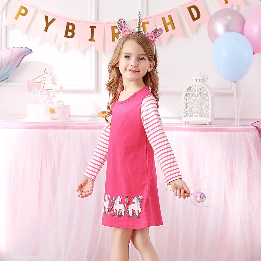 VIKITA Little Unicorn Embroidery A Line Long Sleeve Stripe Cotton Dresses for Girl Toddler
