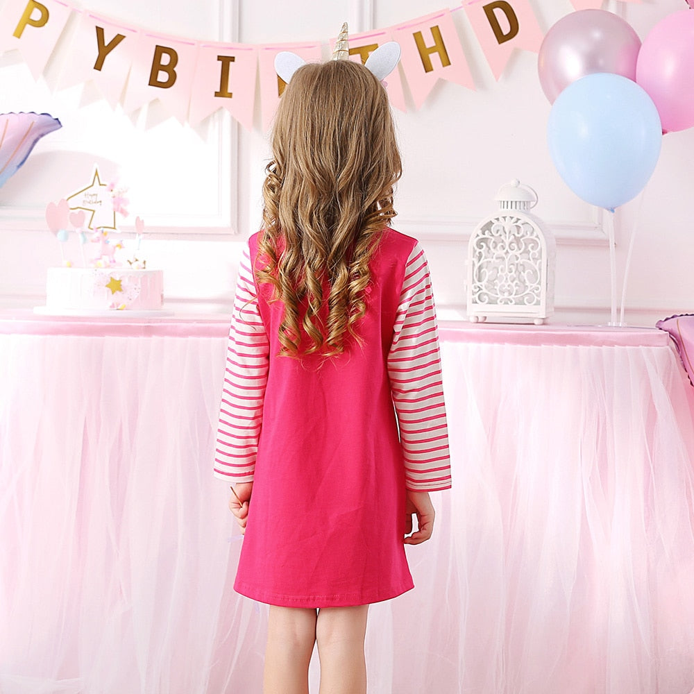 VIKITA Little Unicorn Embroidery A Line Long Sleeve Stripe Cotton Dresses for Girl Toddler