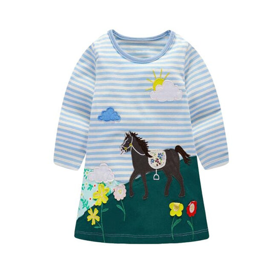 VIKITA Happy Unicorn Flower Stripe Long Sleeve A Line Girl Casual Dress