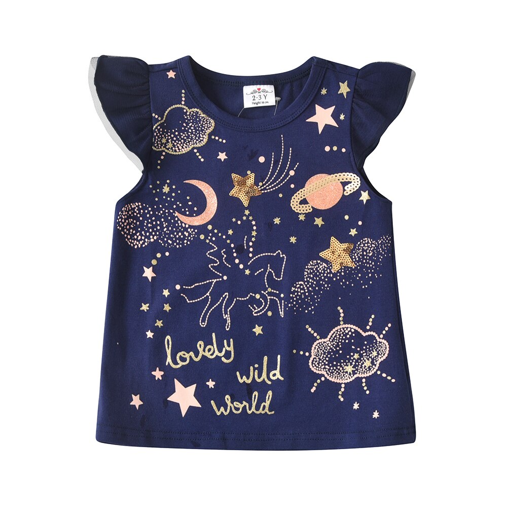 2Y-8Y Girls Short Sleeve T-Shirt Lovely Unicorn Planet Blue Top