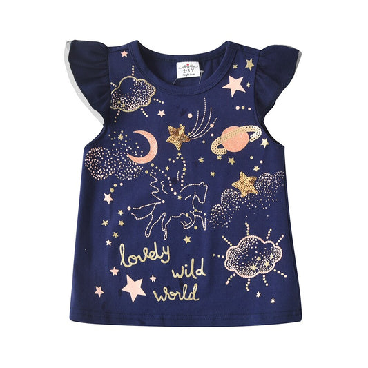 2Y-8Y Girls Short Sleeve T-Shirt Lovely Unicorn Planet Blue Top