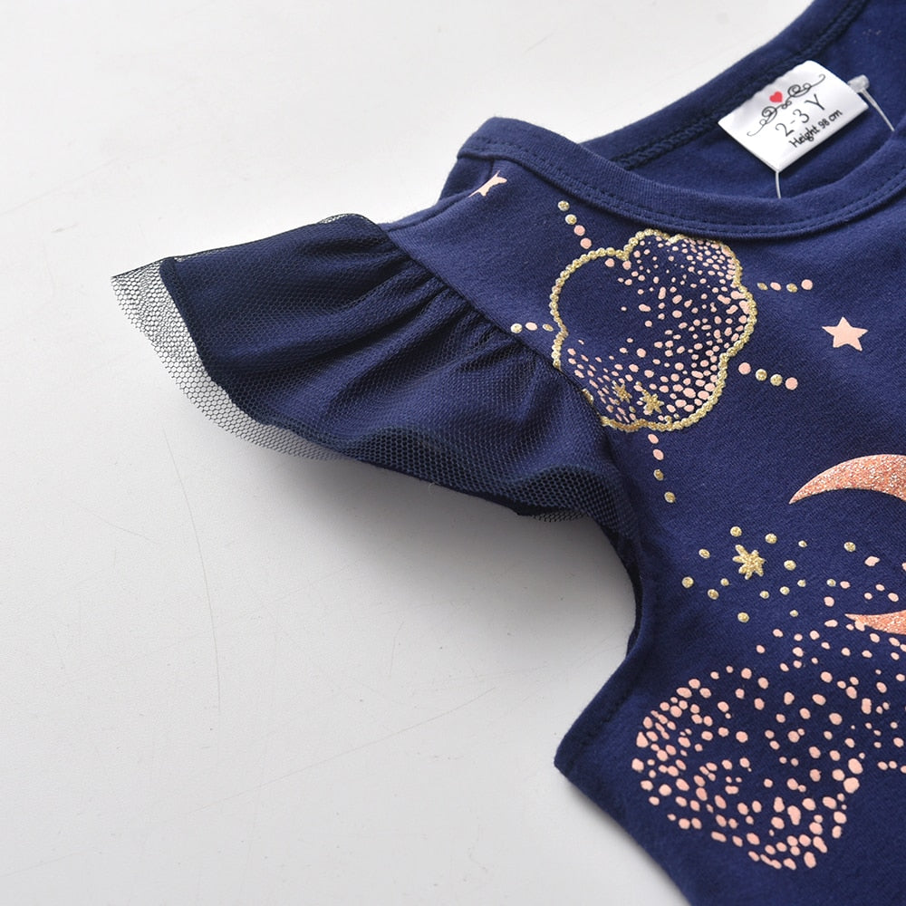 2Y-8Y Girls Short Sleeve T-Shirt Lovely Unicorn Planet Blue Top