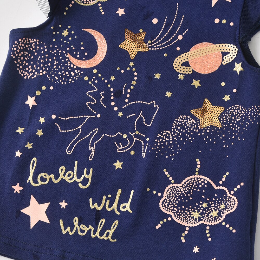 2Y-8Y Girls Short Sleeve T-Shirt Lovely Unicorn Planet Blue Top