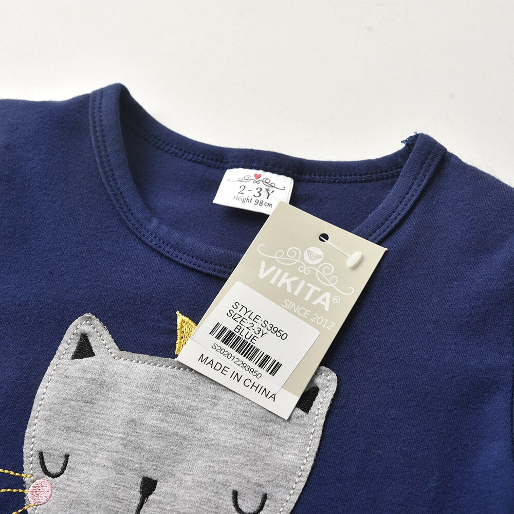 Girls Short Sleeve T-Shirt Cute Patchwork Cat Blue Cotton Top