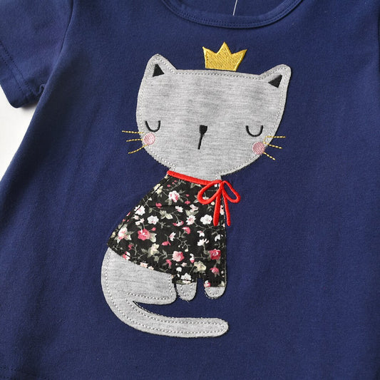 Girls Short Sleeve T-Shirt Cute Patchwork Cat Blue Cotton Top