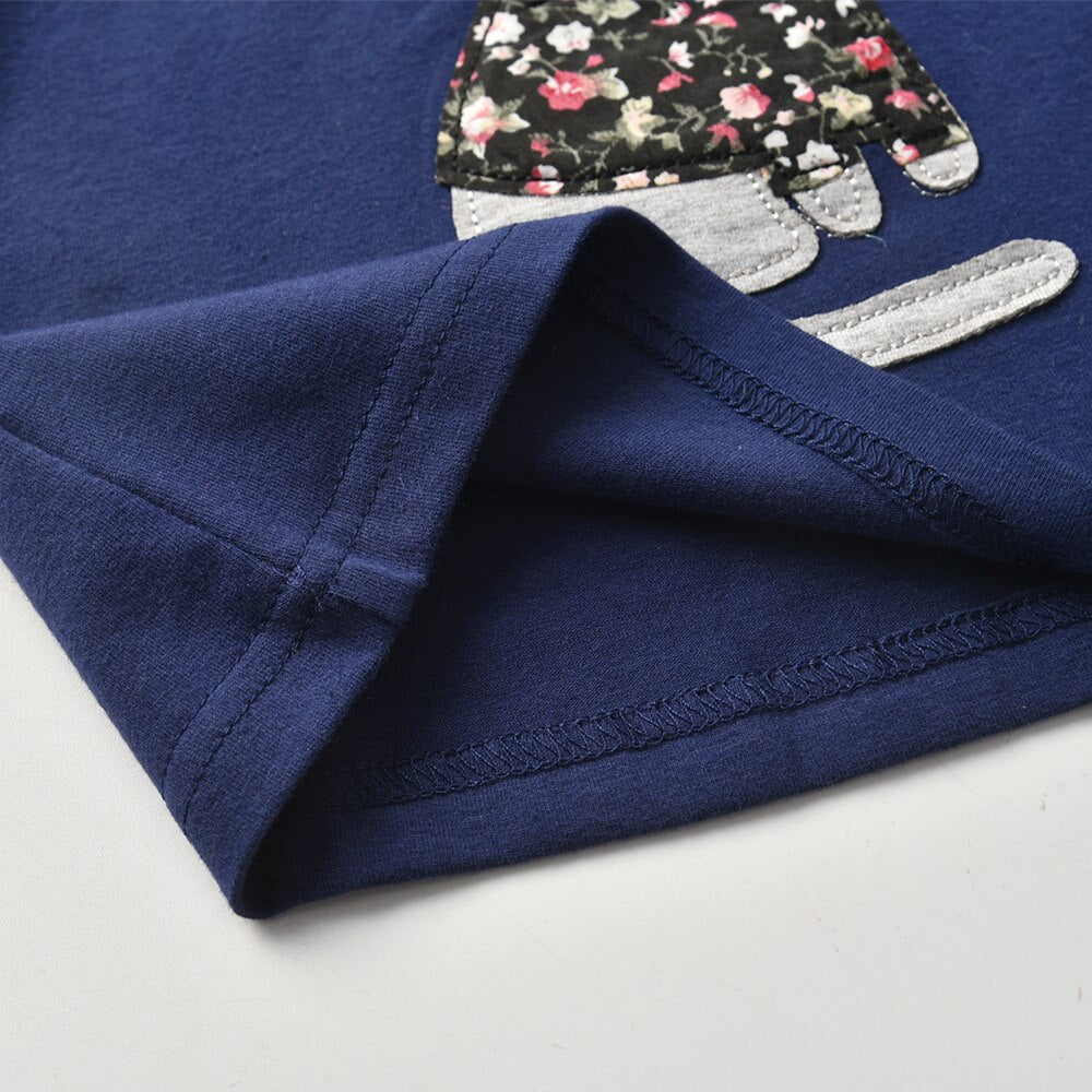 Girls Short Sleeve T-Shirt Cute Patchwork Cat Blue Cotton Top