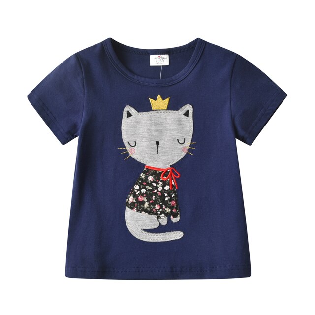 Girls Short Sleeve T-Shirt Cute Patchwork Cat Blue Cotton Top
