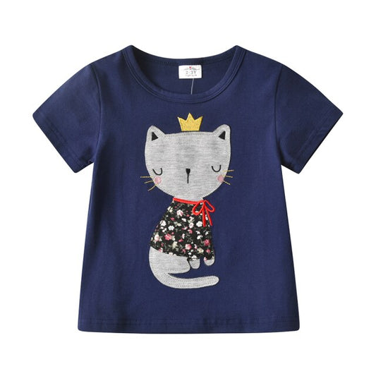 Girls Short Sleeve T-Shirt Cute Patchwork Cat Blue Cotton Top