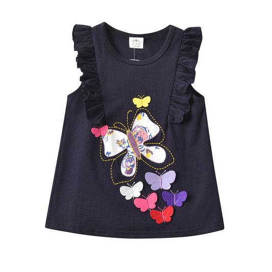 2Y-8Y Girs Sleeveless T-Shirt 3D Butterfly Embroidery Casual Cotton Top