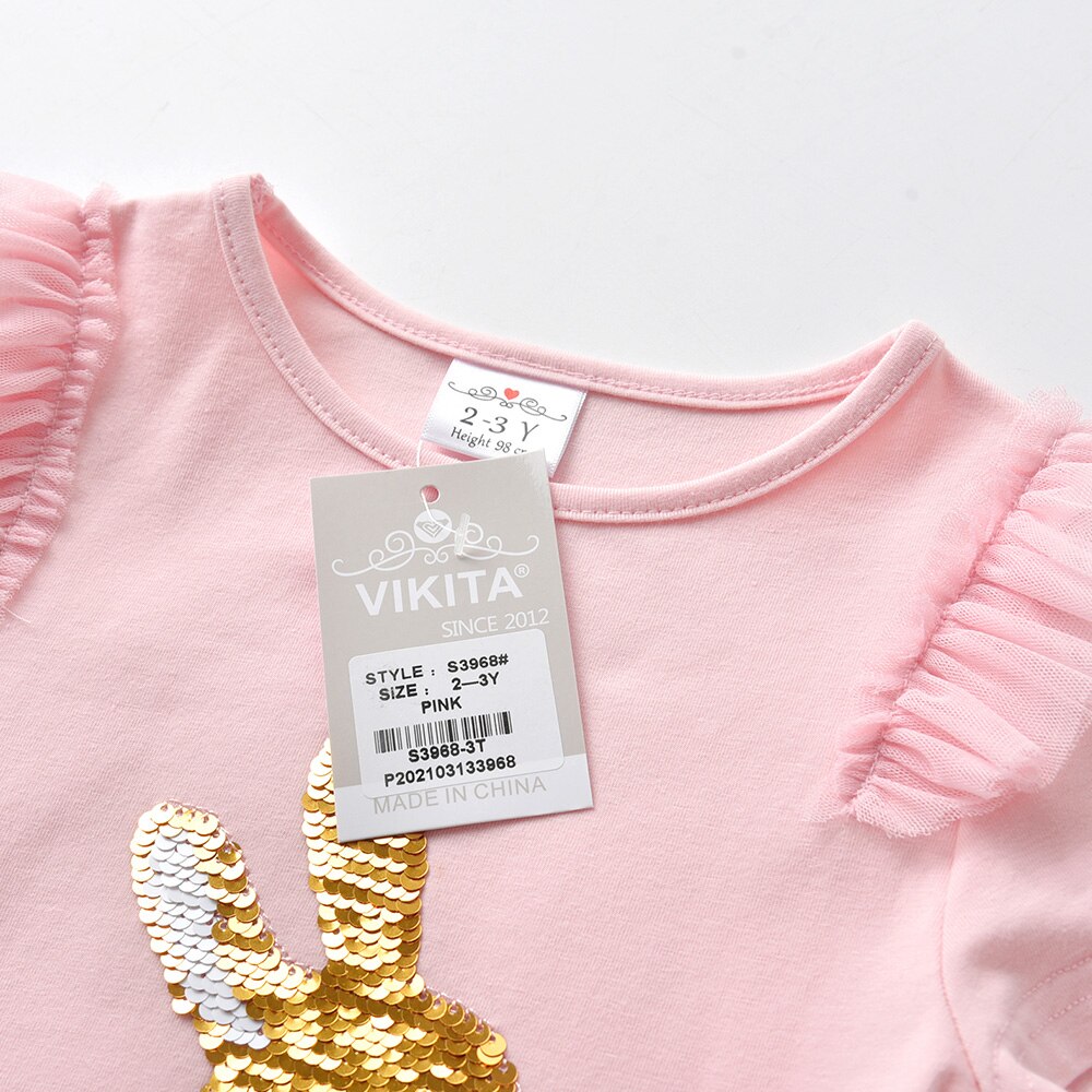 Girls Short Sleeve T-Shirt Sparkle Sequins Rabbit Tulle Ruffle Short Sleeve Casual Pink Top