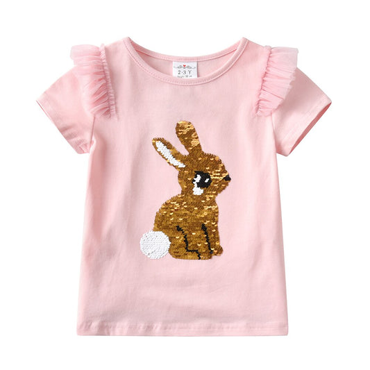 Girls Short Sleeve T-Shirt Sparkle Sequins Rabbit Tulle Ruffle Short Sleeve Casual Pink Top