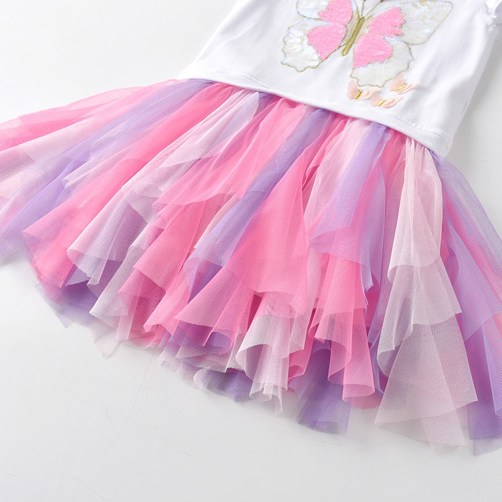 Girls Summer Short Sleeve Dress Sequins Butterfly Gathered Tulle Tutu Dress