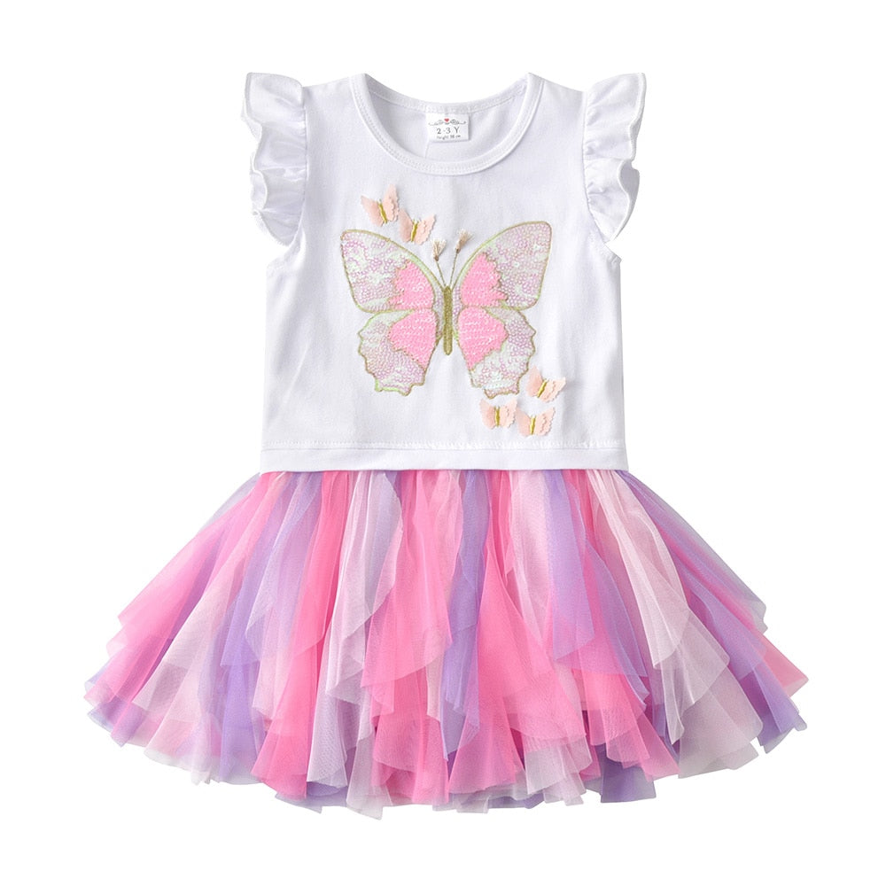 Girls Summer Short Sleeve Dress Sequins Butterfly Gathered Tulle Tutu Dress