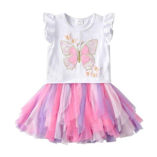 Girls Summer Short Sleeve Dress Sequins Butterfly Gathered Tulle Tutu Dress