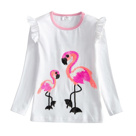Flamingo Pattern Girls Long Sleeve Cotton T-Shirts Tops for Winter Fall