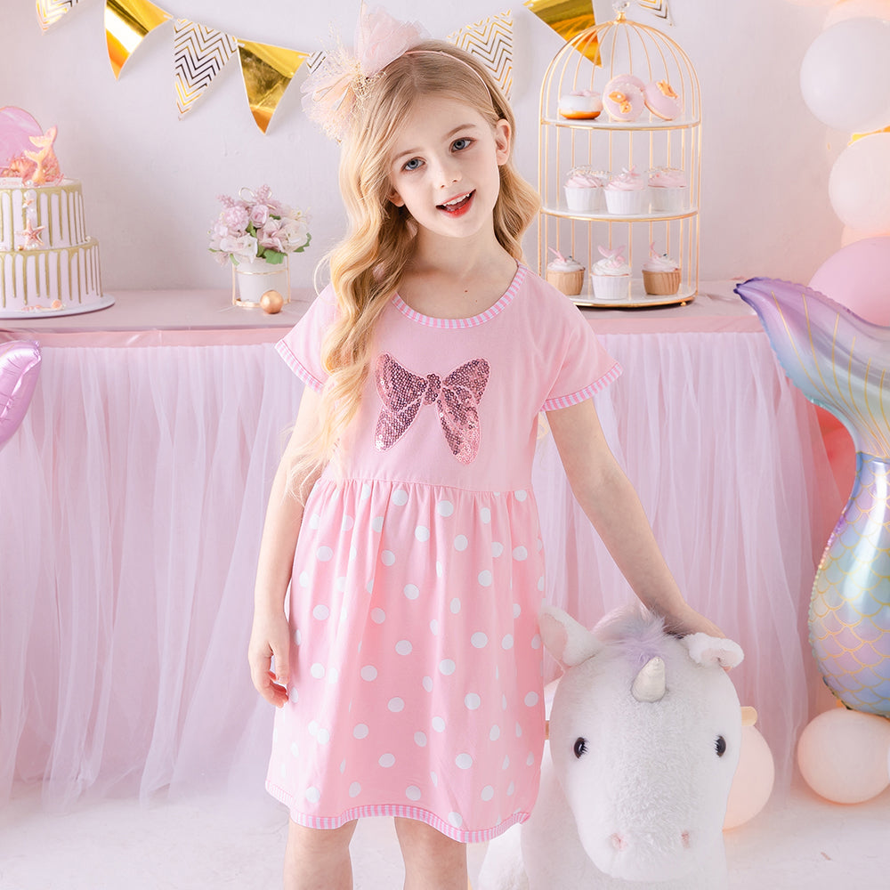 2Y-8Y Girls Short Sleeve Casual Dress Sequins Bowknot Spot Pink Girls Dress