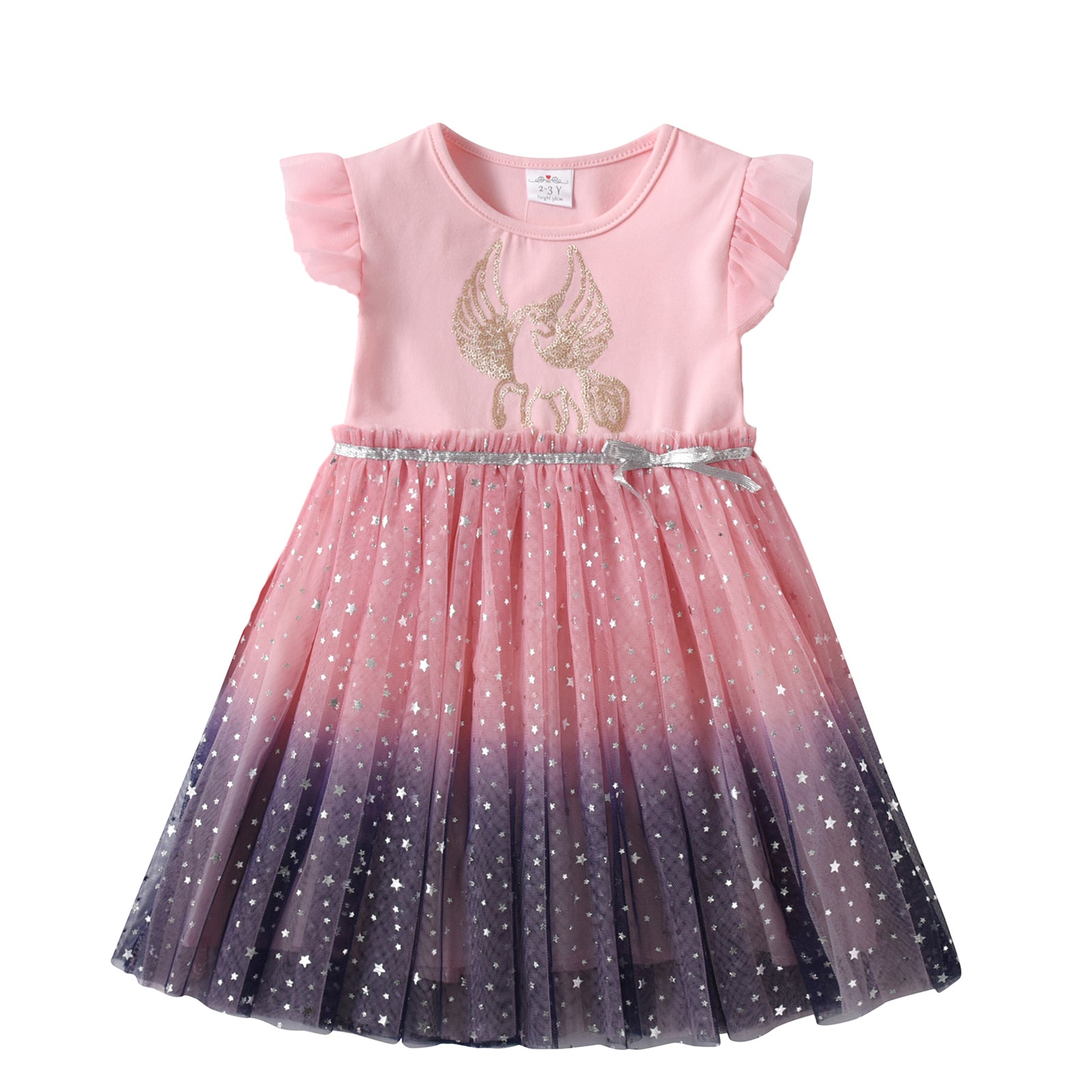 2Y-8Y Girls Casual Dress Pink Unicorn Sparkle Tulle Tutu Dress Toddler Short Sleeve Dress