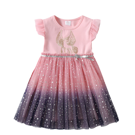 2Y-8Y Girls Casual Dress Pink Unicorn Sparkle Tulle Tutu Dress Toddler Short Sleeve Dress
